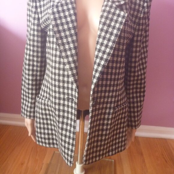 Jones New York Women 100% Pure Wool Black White Blazer 10 Checkered Lapel Single - Picture 4 of 16
